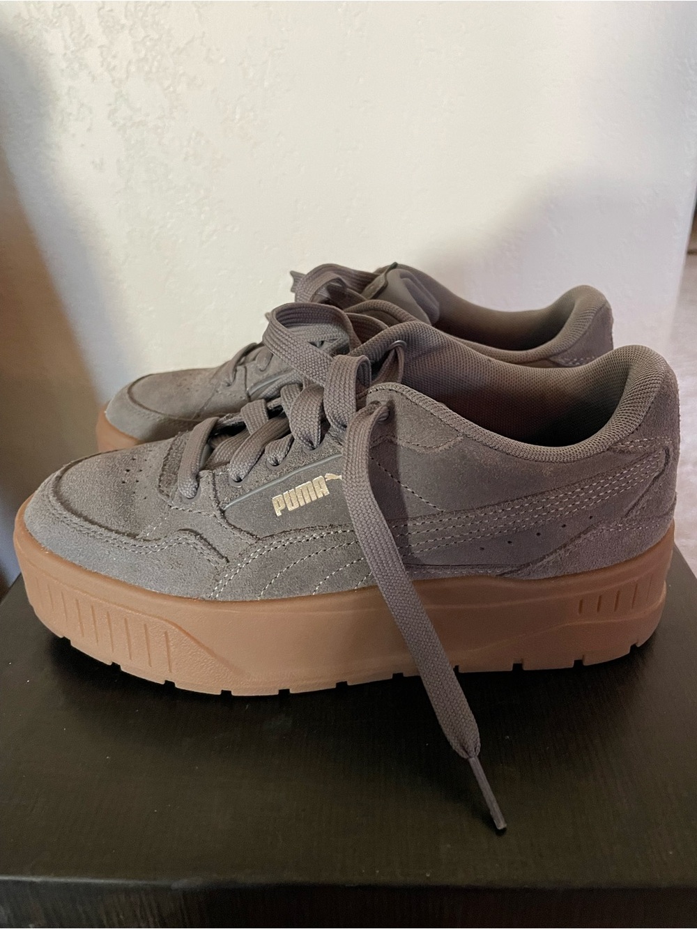 Puma Taupe Suede Platform Sneakers with Gum Sole